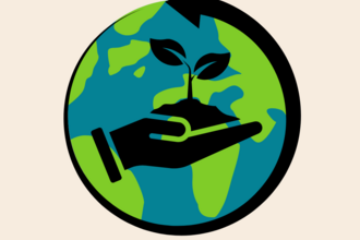 Image shows earth with a graphic of a hand holding a plant on top. 